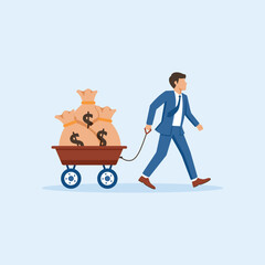 PrintHappy businessman pulling cart full of money. Bags with money on a cart vector illustration