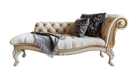 The image features a luxurious cream-colored chaise lounge with gold accents, adorned with pillows and a fringed throw blanket.