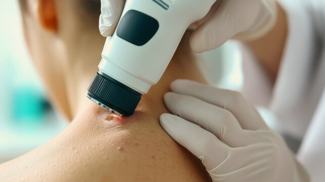 Dermatologist gently removing skin tag using radio wave device, showcasing precise medical procedure and professional skincare technique