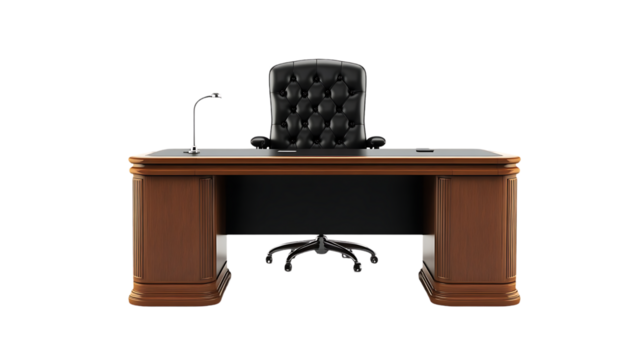 A fancy leather executive chair sits behind a wooden desk