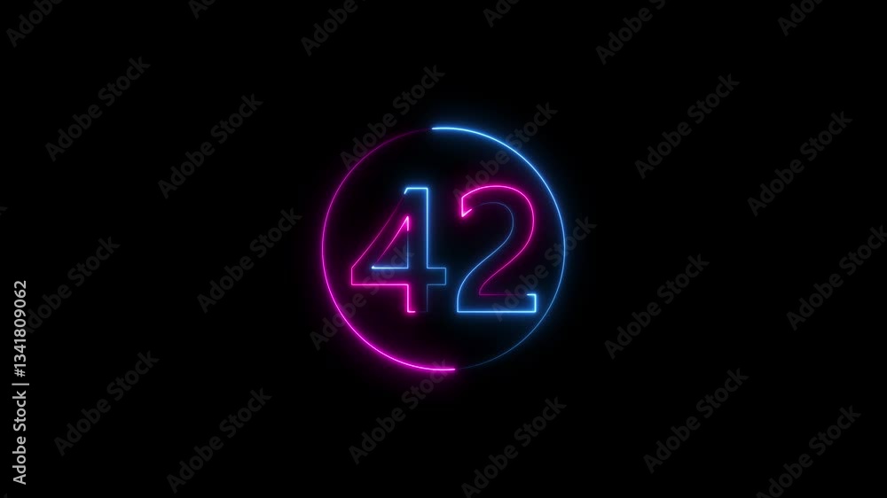 Poster neon text 42 number countdown icon background 4k animation. neon number 42 with alpha channel, neon 