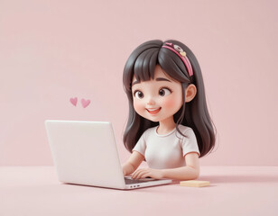 Cartoon Girl Using Laptop Computer with Hearts on Pink Background