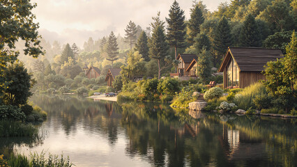 Fototapeta premium Lakeside Cabins Peaceful Beauty Setting.