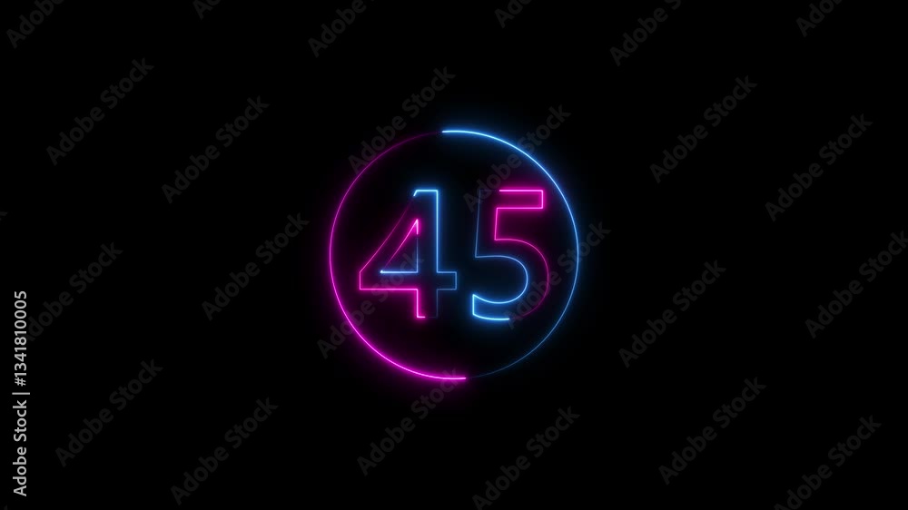 Poster neon text 45 number countdown icon background 4k animation .neon number 45 with alpha channel, 45 br