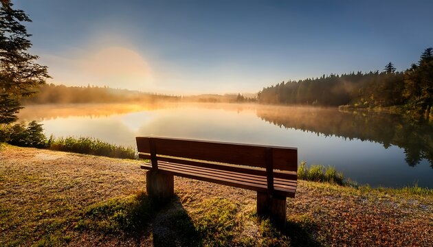 A wooden bench beside a peaceful lake at sunrise.