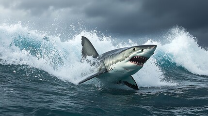 Fototapeta premium White Shark Breaching From Ocean Waves Against Dramatic Cloudy Sky
