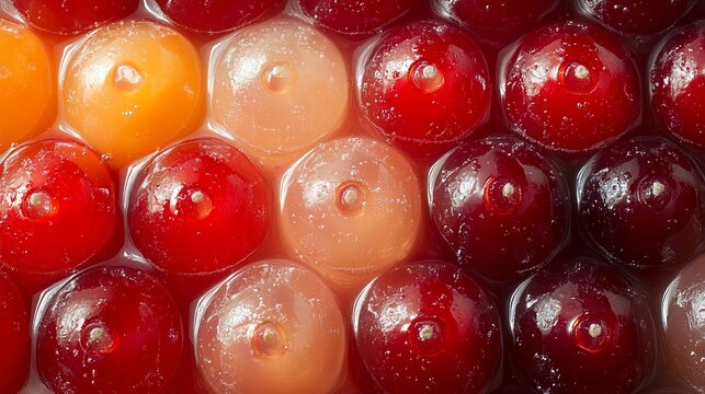 Close-up of colorful, translucent spheres. Some have a small hole at the center