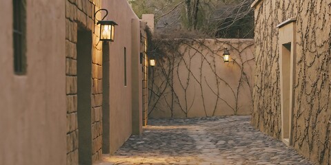 Stone Alleyway with Vines and Lighting
