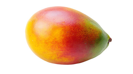 The image displays a single ripe mango with shades of yellow, red, and green on a black background.