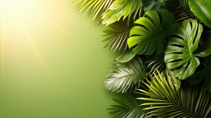 Lush green tropical leaves arranged beautifully against a soft muted green background, softly illuminated by warm sunlight from the upper left corner
