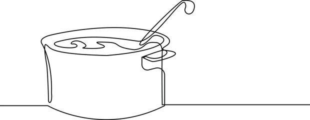 Soup Pot Sketch with lid, pot, saucepan one line continuous drawing. Kitchen tools continuous one line illustration. Vector minimalist linear illustration.