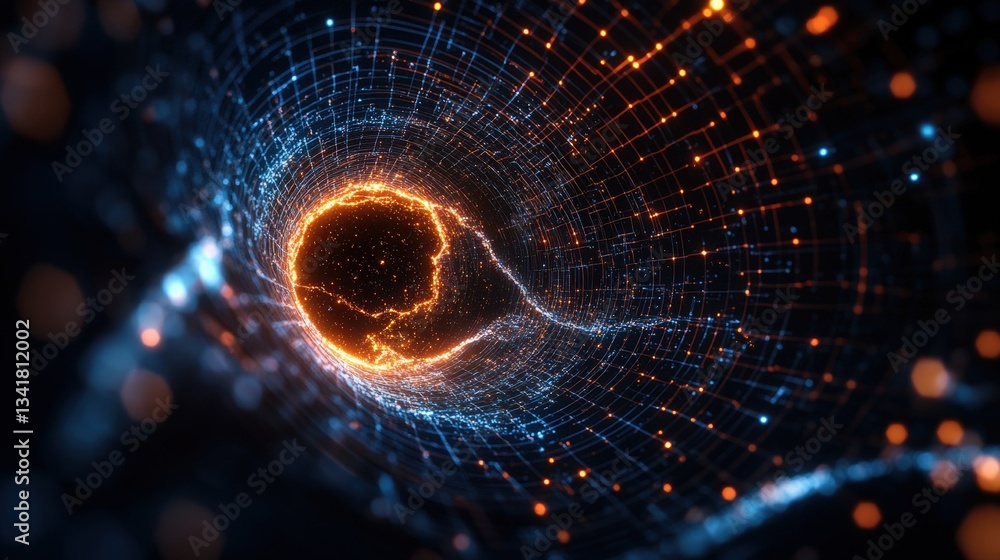 Poster abstract luminous tunnel of interconnecting nodes and lines with a fiery orange core illuminating th