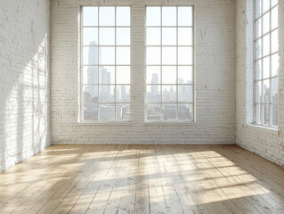Bright and modern loft space with high ceilings and exposed brick walls in urban setting