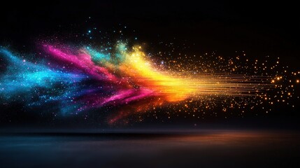 Obraz premium A stunning visual display of multicolored light particles dramatically streaking across a dark reflective surface creating a mesmerizing light explosion