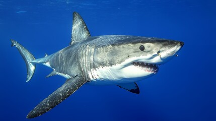 Fototapeta premium Majestic Shark Swimming Gracefully in Clear Blue Ocean Waters for Marine Exploration