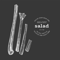 Naklejka premium Vintage Style Chalk Board Rhubarb Illustration. Green Vegetable Illustration. Vector Hand Drawn Salad. 