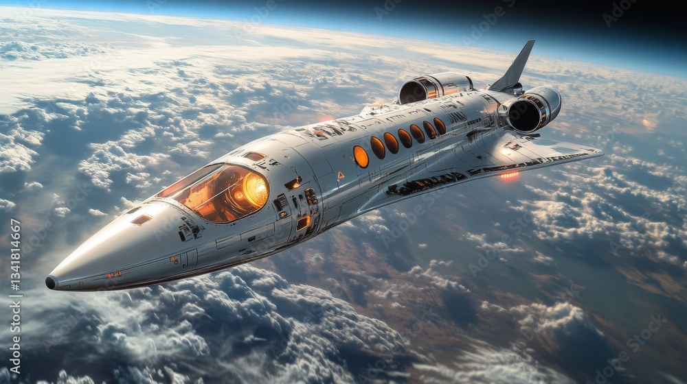 Poster A sleek spaceplane glides through the upper atmosphere, demonstrating hypersonic capabilities with its cutting edge propulsion systems amid a backdrop of clouds and earth.