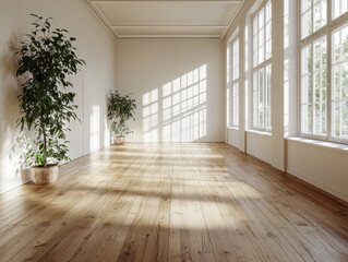 Obraz premium Bright and serene yoga studio with large windows and natural wood flooring under streaming sunlight