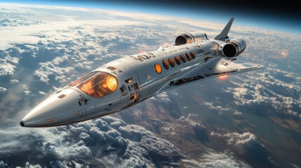 Naklejka premium A sleek spaceplane glides through the upper atmosphere, demonstrating hypersonic capabilities with its cutting edge propulsion systems amid a backdrop of clouds and earth.