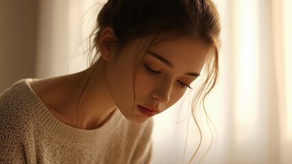 Fototapeta premium Close-up captures a young woman with soft lighting, gazing downwards in contemplation, her brown hair gently framing her face and a knitted sweater adding warmth.