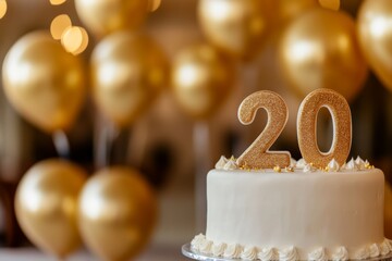 20th birthday cake adorned with gold accents. Birthday party. Blurred light festive background. Golden balloons. Twenty years or twentieth anniversary. Celebration cake with golden candles. Numbers 20