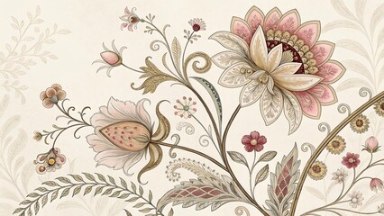 Floral Design, Beige, Pink, Brown, Botanical Illustration