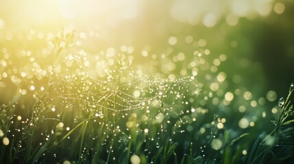 Dew-covered spiderweb in sunlit grass, bokeh background.