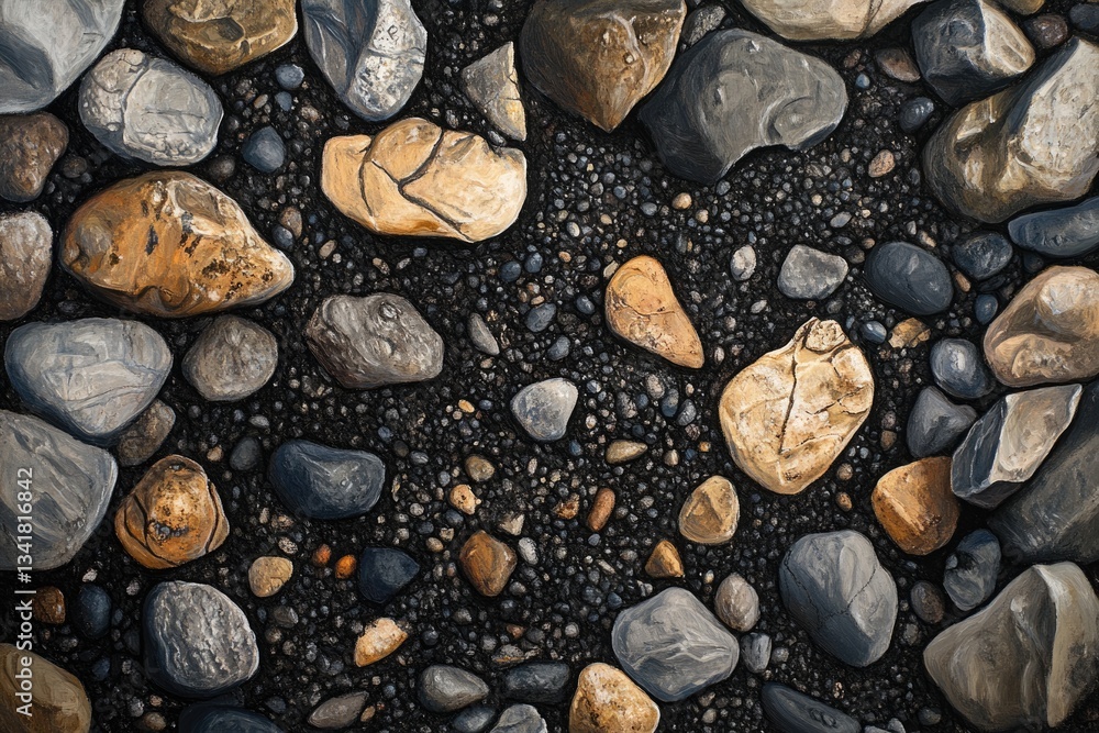 Poster a close-up view of various sized and colored rocks on a dark background.