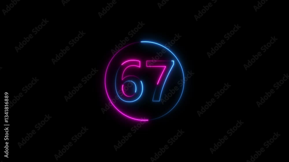 Poster abstract glowing neon text 67 number countdown icon. educational mathematics 67 animation on black b