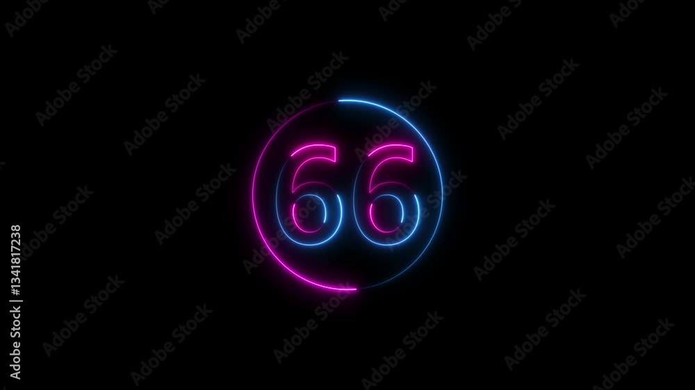 Poster abstract glowing neon text 66 number countdown icon. educational mathematics 66 animation on black b