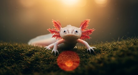 Naklejka premium Axolotl Exploring Moss with Backlit Glow Natural Light Portrait