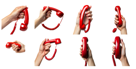 Multiple Images of Hands Holding Retro Red Corded Telephone Handsets isolated with Transparent Background