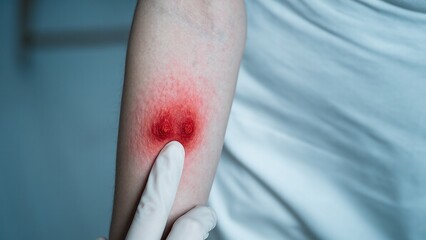 Close-up showing a skin infection with redness and puncture wounds being examined by a gloved finger.