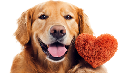 A golden retriever holds a red plush heart toy in its paws. The dog looks affectionate and joyful.