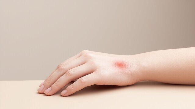 Close-up of a woman's hand with an inflamed insect bite or rash, showing skin irritation and redness on a neutral background.