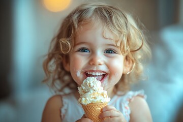 Adorable toddler enjoying a sweet treat, making a mess and smiling with joy