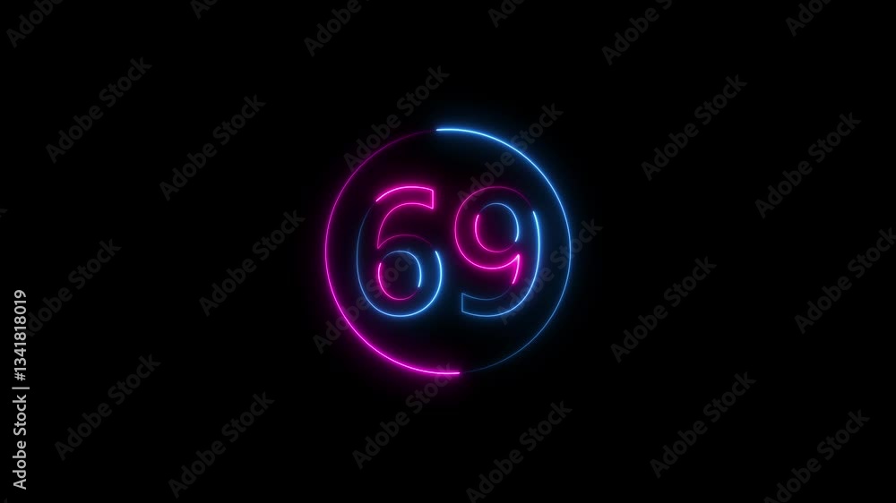 Poster neon glowing text 69 number countdown icon on black background 4k animation. neon number 69 with alp