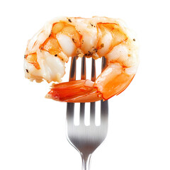 Cooked shrimp on a fork isolated on a transparent background
