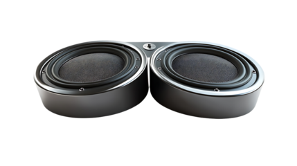 This image shows two sleek, silver circular speakers with black grilles positioned close together on a black background.