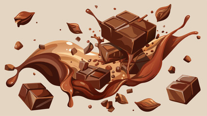 chocolate pieces falling captured in mid air, creating effect with chocolate liquid against neutral white background, perfect for food content