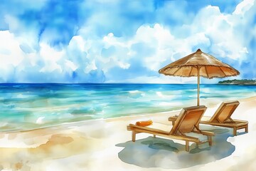Obraz premium Seascape.Tropical beach with sea, white sand, sun loungers and a beach umbrella, summer vacation concept and background. Hand drawn horizontal watercolor illustration