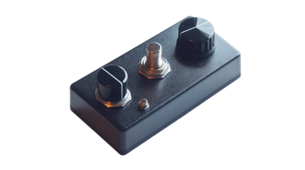 The image features a black guitar effects pedal with knobs and a toggle switch, for adjusting audio signal.
