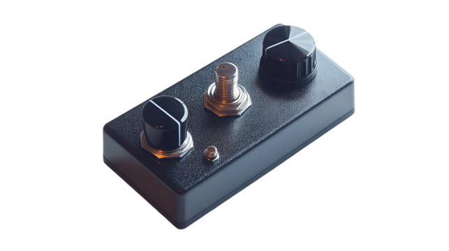 The image features a black guitar effects pedal with knobs and a toggle switch, for adjusting audio signal.
