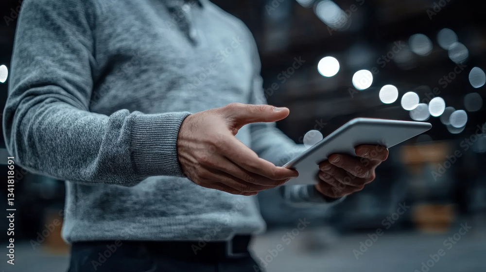Aufkleber man in gray sweater holds tablet in modern industrial setting, showcasing technology and connectivit