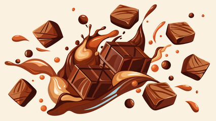 chocolate pieces falling captured in mid air, creating effect with chocolate liquid against neutral white background, perfect for food content
