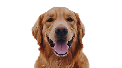 A golden retriever's face is closely captured, with an open mouth showing its tongue in a happy manner.
