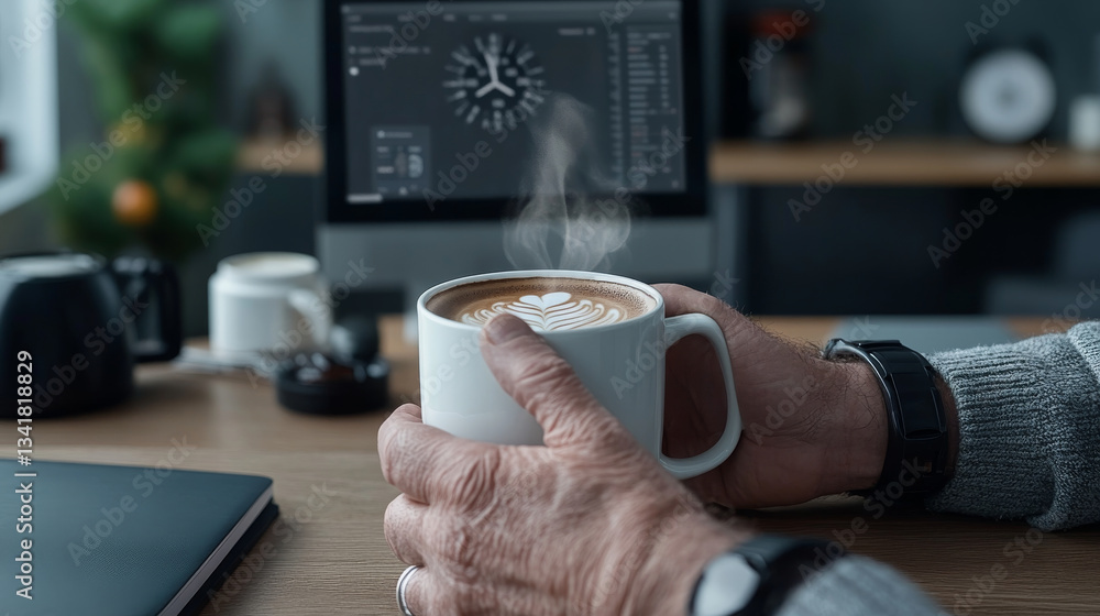 Aufkleber person holding steaming cup of coffee in modern workspace, with computer in background displaying da