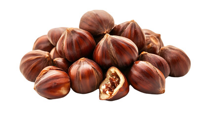 Obraz premium The image displays a pile of fresh brown hazelnuts, with one nut open to reveal its inside.