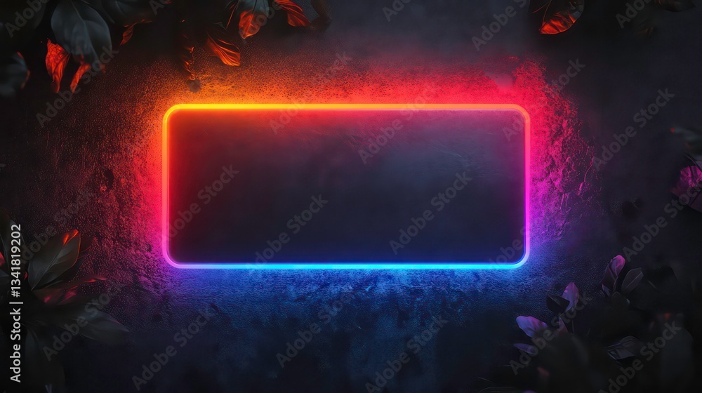 Poster neon frame on dark stone with leaves. background empty space for product. possible use advertising, 