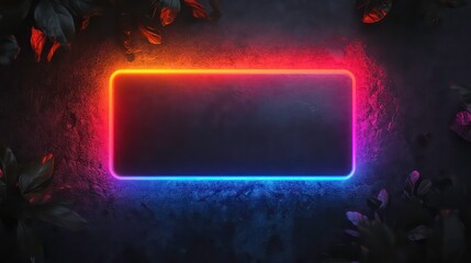 Neon frame on dark stone with leaves. Background empty space for product. Possible use advertising, promotion